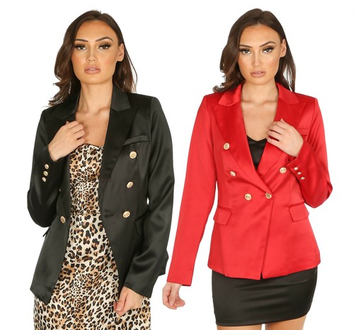 Blazer doppiopetto in raso nero giacca donna lucida bottoni dorati nuovo |  eBay