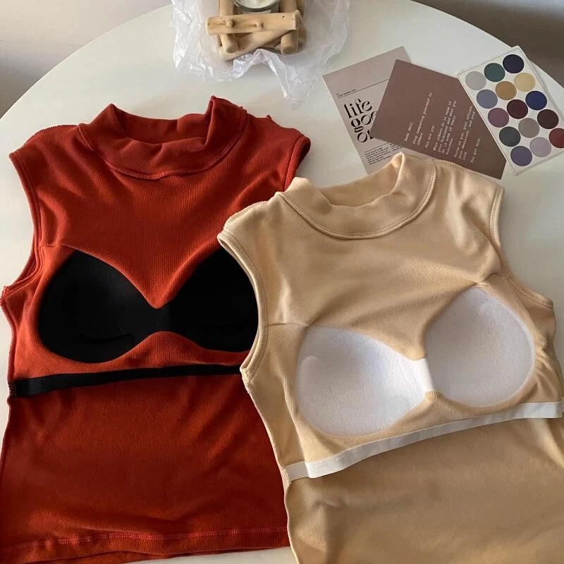 Women Sleeveless Vest with Built in Bra Padded Cropped Tank Top Fleece Lined - Image 4 of 4