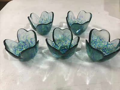 New HAND BLOWN GLASS ART BOWL, AQUA GREEN BLUE, Set Of 5 Purchased from Japan