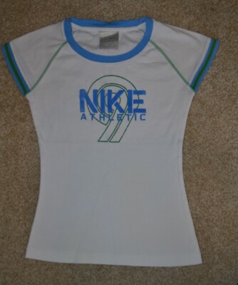 Nike Shirt Womens Small White Blue Spell Out Logo Athletic Casual Ladies EUC