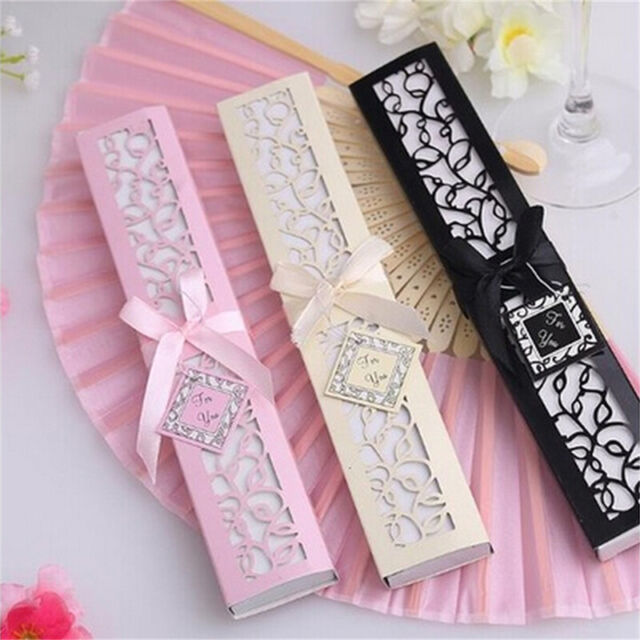 Silk Fold Hand Fan in Elegant Laser-Cut Gift Box Party Favor Wedding Gift B. G*