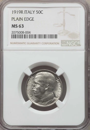 ITALY KINGDOM 1919-R  50 CENTESIMI CHOICE UNCIRCULATED COIN, NGC CERTIFIED MS63