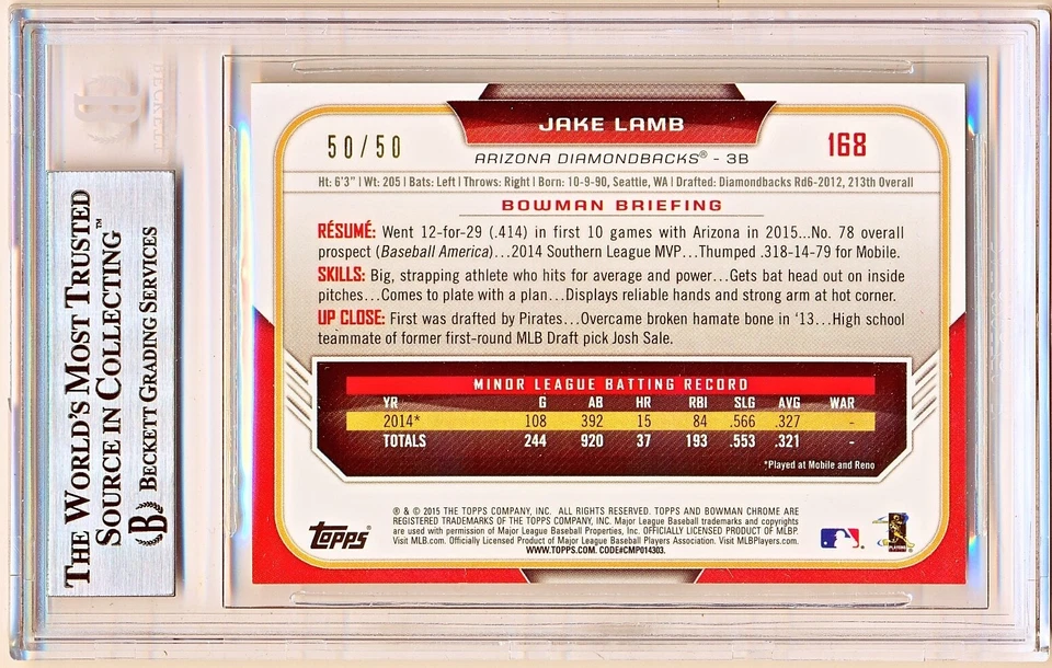 2015 Bowman Chrome Jake Lamb Gold Refractor Rc #168 (50/50) BGS 9 - POP 1 - Image 2 of 2