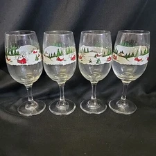 Libbey Currier and Ives Christmas Wine Glass Winter Snow Scene Set Of 4 Vintage