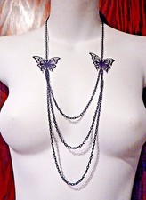 BLACK BUTTERFLY SWEATER CHAIN NECKLACE EARRINGS SET multi-strand layered Y4