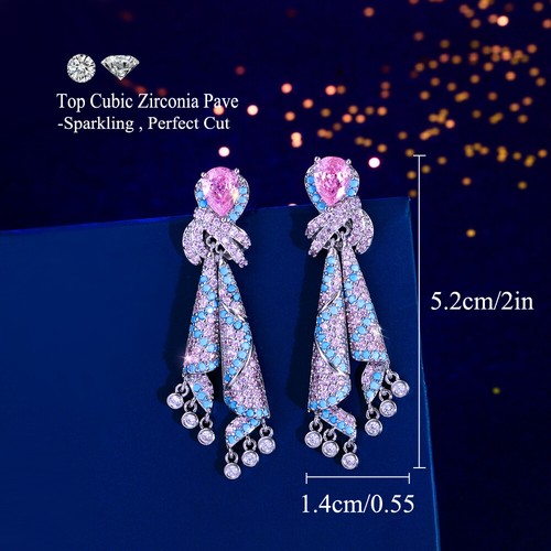 Silver Plated CZ Pink Micro Pave Round Dangle Drop Earrings Classy Women Jewelry - Picture 4 of 8