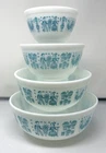 Vintage PYREX Set of 4 Amish Butterprint Turquoise on White Mixing Bowls 401-404