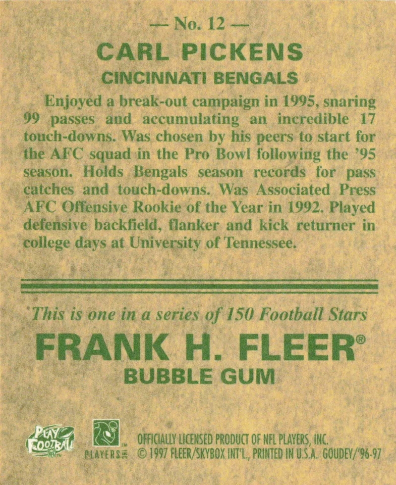 Carl Pickens #12 1997 Fleer Goudey Cincinnati Bengals Football - Image 2 of 2