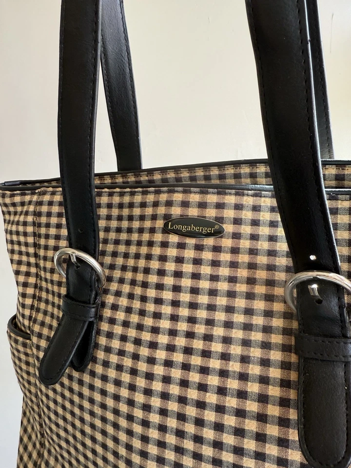 Bolsa tote/bolsa tote xadrez longaberger vintage neutra/bolsa xadrez xadrez - Imagem 2 de 4