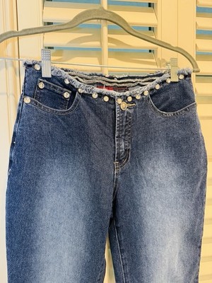 YOUNIQUE Women 5 Lo Rise Flared Y2K VTG Blue Denim Jeans Embellished