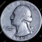 1942 United States Washington Quarter .900 Silver 25 Cents Coin