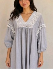 Anthropologie Womens Sz Small Blue & White Mini Boho Dress AAKAA Pom-pom Trim