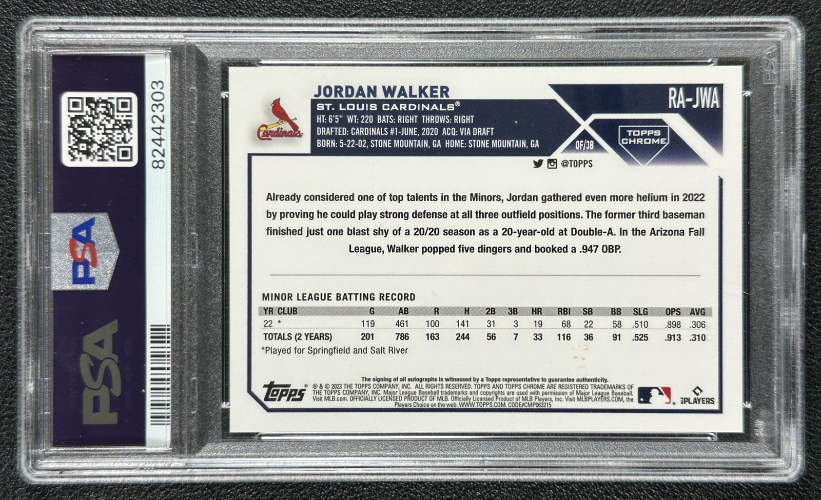 JORDAN WALKER PSA 9 2023 TOPPS CHROME ROOKIE AUTO PURPLE REFRACTOR RC 163/250 view 2