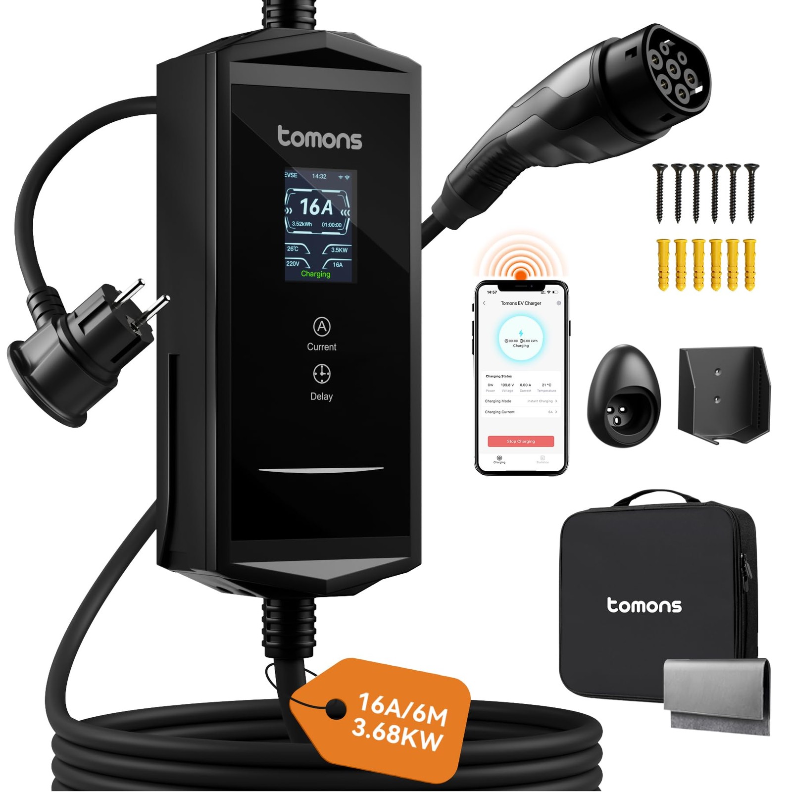 Cavo Ricarica Auto Elettrica App 3,68 Kw 6m Portatile Tipo 2 Schuko Monofase 16 - Miniatura 19
