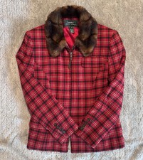 Vintage Lauren Ralph Lauren Red Plaid Jacket Faux Fur Collar Made in USA Size 4