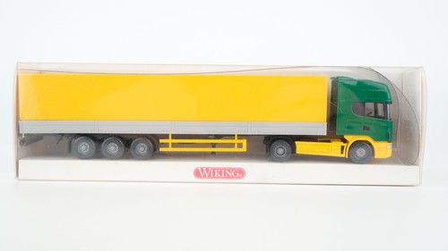 Wiking H0 5100436 Scania 144 Topline semirremolque plataforma amarillo-verde | Zustand: Gebraucht