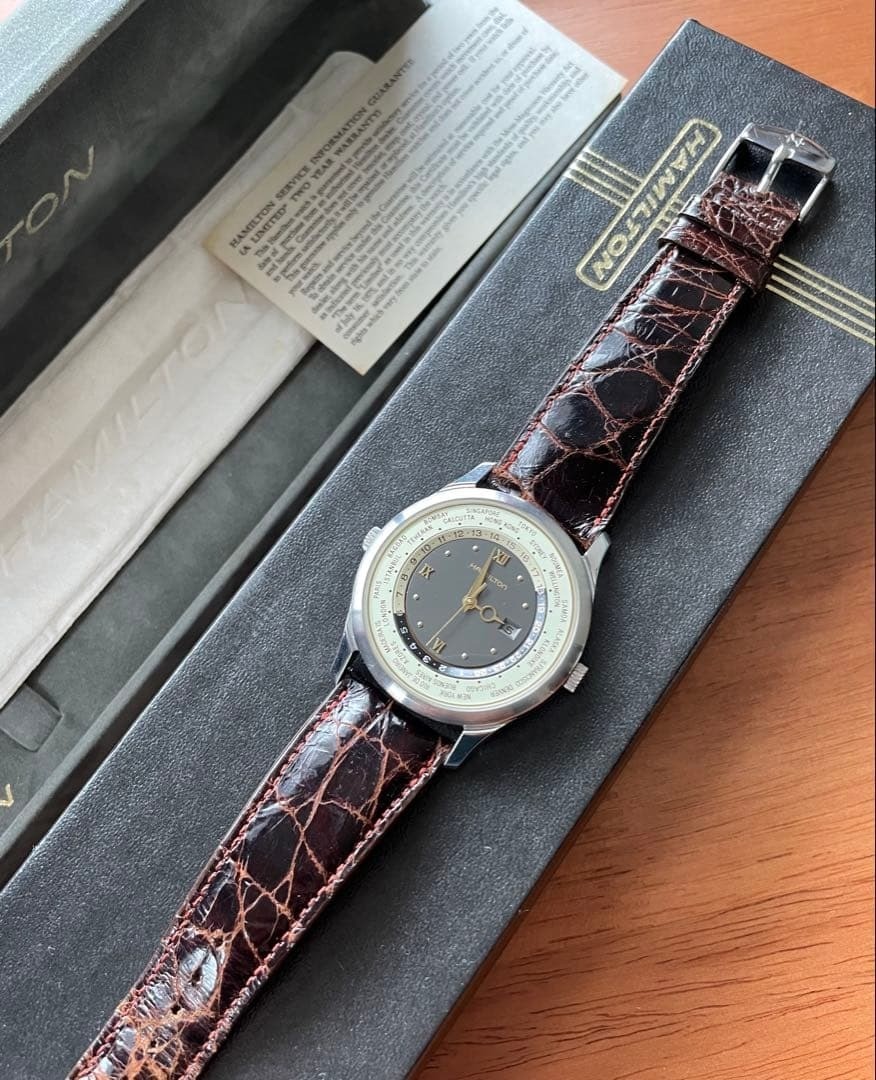 Hamilton 8984 World Timer Watch Quartz 38mm Rare Vintage Brown