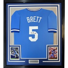 Framed Signed George Brett 35x39 Kansas City Blue Jersey JSA COA