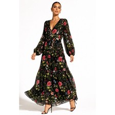 Eliza J Floral Long Sleeve Tiered Maxi Dress Black Size 14 Wedding Guest Long 60