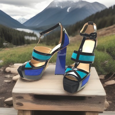 Aperlai Paris Suede Strappy Open Toe Platforms Blue Sandals Shoes Sz 37 EU $1050