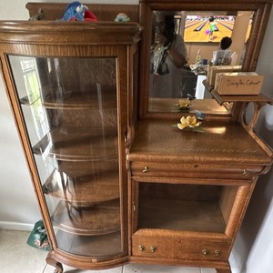 Brown Wood & Glass China Cabinet w/ Mirror, 3 Doors, 4 Shelves, 2 Drawers