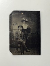 Antique 1800s Tintype Photo Victorian Couple Large Hats Full Length Portrait