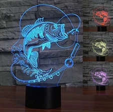 3D Fishing Fish Night Light Lamp Illusion Night Light 7 Color Changing Touch ...