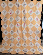Vintage 1930'S STATE BIRD QUILT, HAND QUILTED HAND EMBROIDERED, 76 X 100 NEW WOW