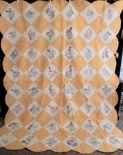 Vintage 1930'S STATE BIRD QUILT, HAND QUILTED HAND EMBROIDERED, 76 X 100 NEW WOW