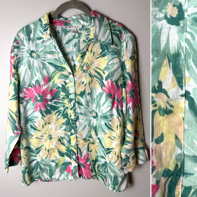 JM Collection Shirt Size 10 Large Top 3/4 Tie Sleeves Linen Floral Tropical