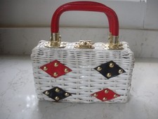 Vintage 1960s White Wicker Box Purse Hong Kong Basket Handbag Red Trim Navy