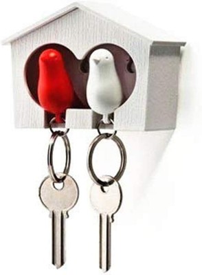 Novelty Duo Sparrow Bird House Keyring and Sparrows Bird Keyring (White and Red