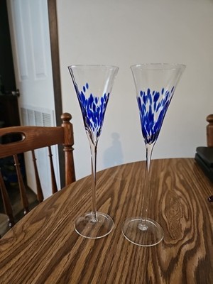 Pair 1st Source Hand Blown Art Glass Blue Dot Stem Wine Goblets 11  5 oz