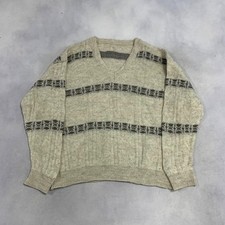 Vintage Knitted Jumper Abstract Patterned V-Neck Grandad Knit Sweater Men's L