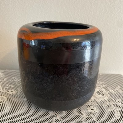 Vintage Raymor Lava Glaze Pottery Black Orange Round Planter MCM 4.5  H