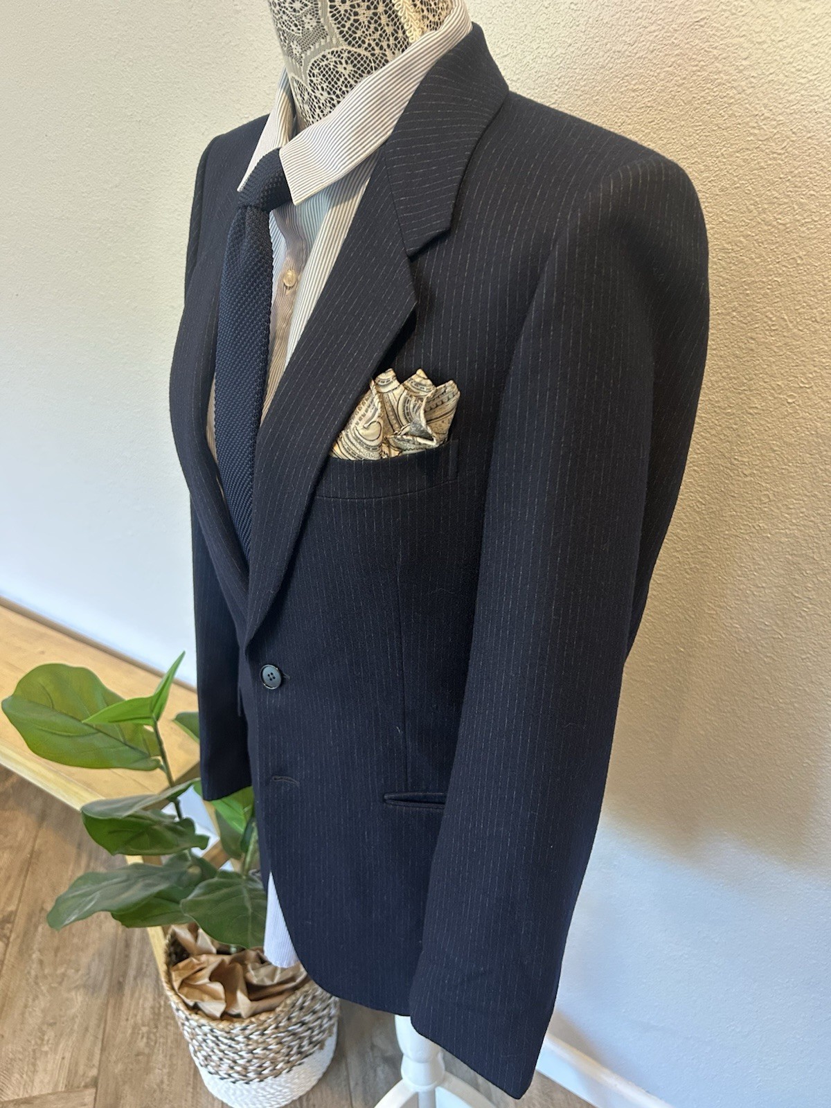 Blazer sportivo cappotto lana gessato vintage uomo YSL Yves Saint Laurent blu navy 38R