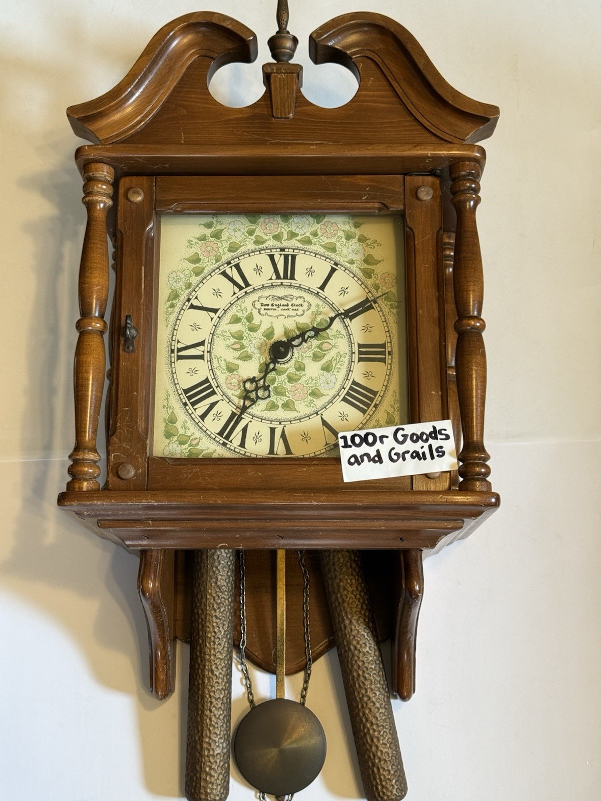Antique New England Clock Co Floral Wall Clock Brass Weights Pendulum Wood