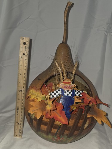 Gourd Art by Charlene Handmade Painted Brown Gourd Scarecrow Autumn Leaves Decor