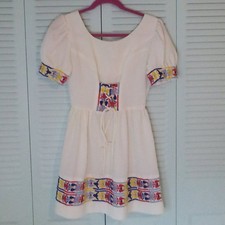 VTG VINTAGE 1960s EMBROIDERED SHORT DRESS RIBBED POLYESTER WHIMSY CUTE TIES ZIP
