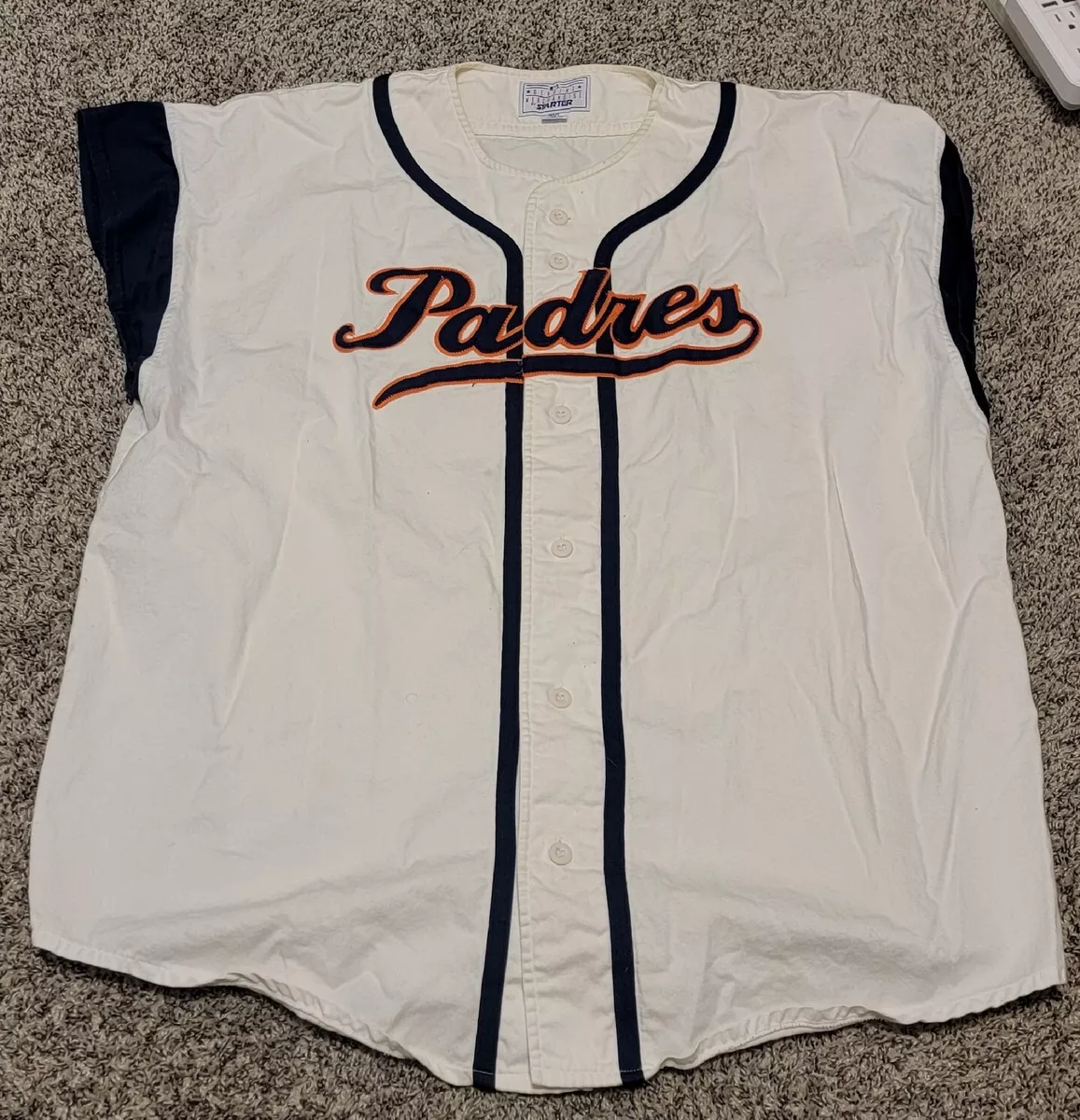 Vintage 90s Starter San Diego Padres Sleeveless White NAvy Canvas Jersey 2XL