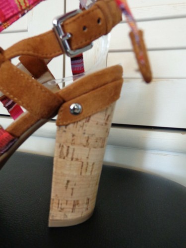 Guessđź’—Tan Suede Strappy Multi-color Fabric Lace-up 4" Cork Hi-Heel Shoesđź’—Sz 9 - Picture 7 of 11