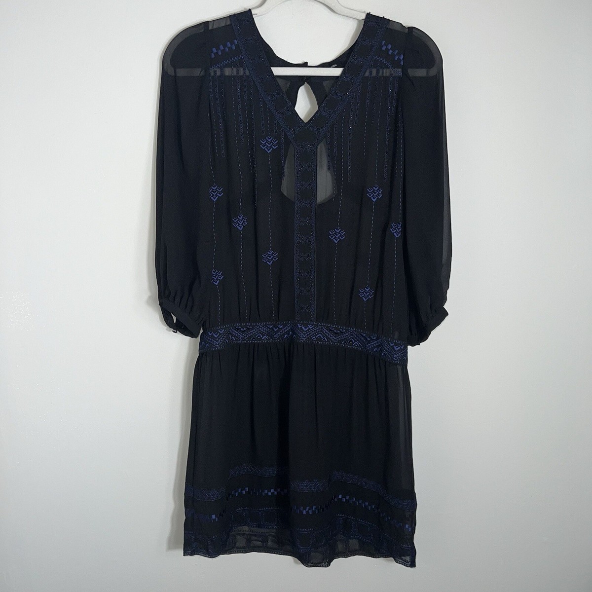 Karen Millen Drop Waist Embroidered Beaded Dress-Black Blue-Sheer-US Size 4 | eBay Karen Millen Drop Waist Embroidered Beaded Dress-Black Blue-Sheer-US Size 4 | eBay