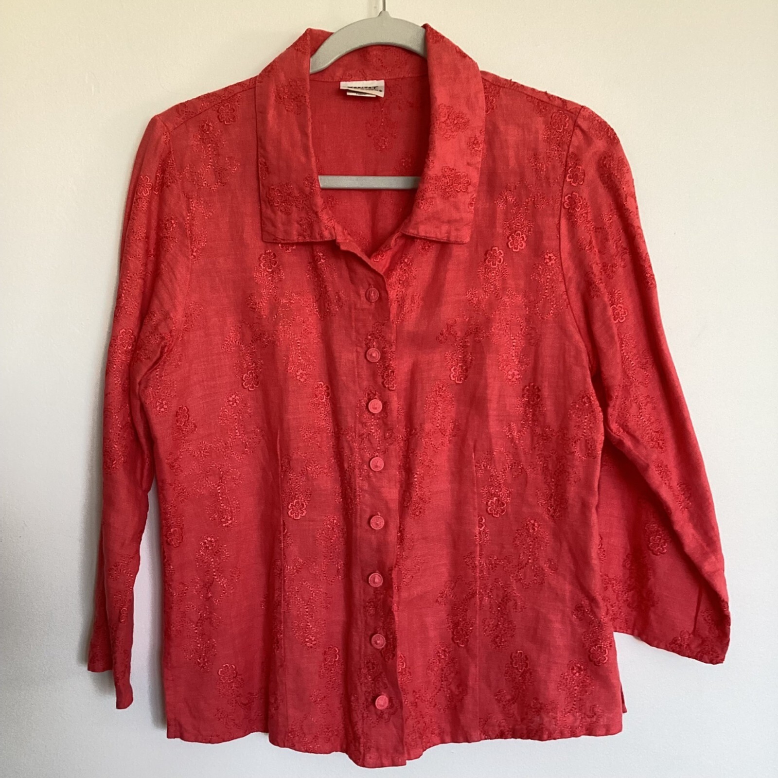 Habitat Linen Button Up 3/4 Sleeve Embroidered Shirt Size Small
