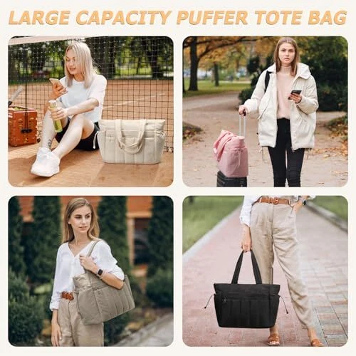 Lightweight Puffer Tote Bag for Women with Multiple Compartments - Quilted Design