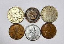 Lot of Indian Head Penny, Liberty V and Buffalo Nickel, Steel & 2 Wheat Pennies