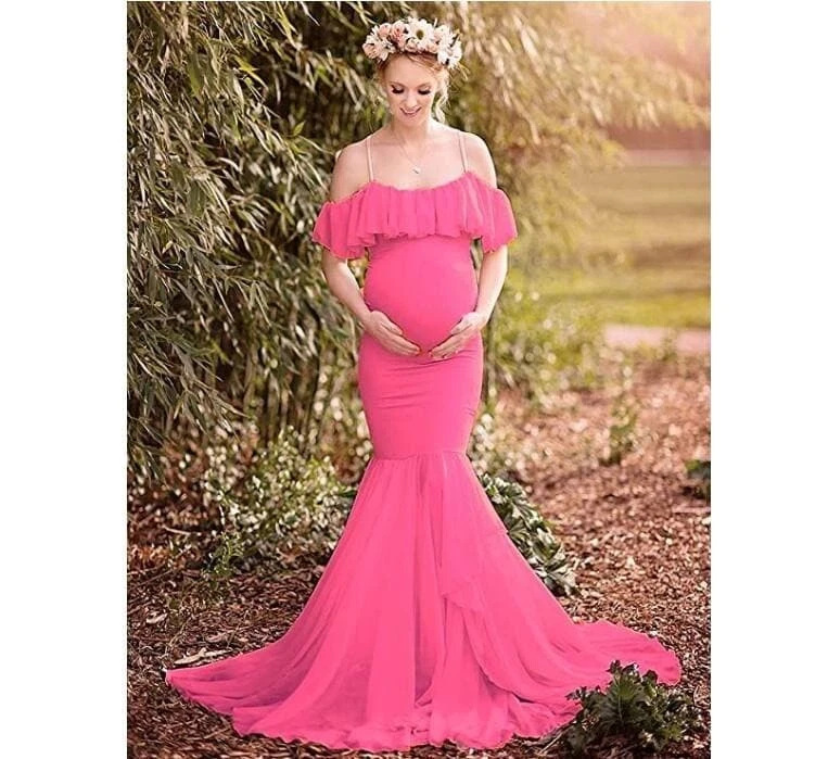 Maternity Dress Ruffles Gown Photo Prop Baby Shower Off Shoulder Pink XL - Image 4 of 4