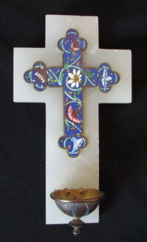 Crucifix Benitier ancien en émaux cloisonnés sur croix en onyx , 19 ème siècle - Afbeelding 1 van 2