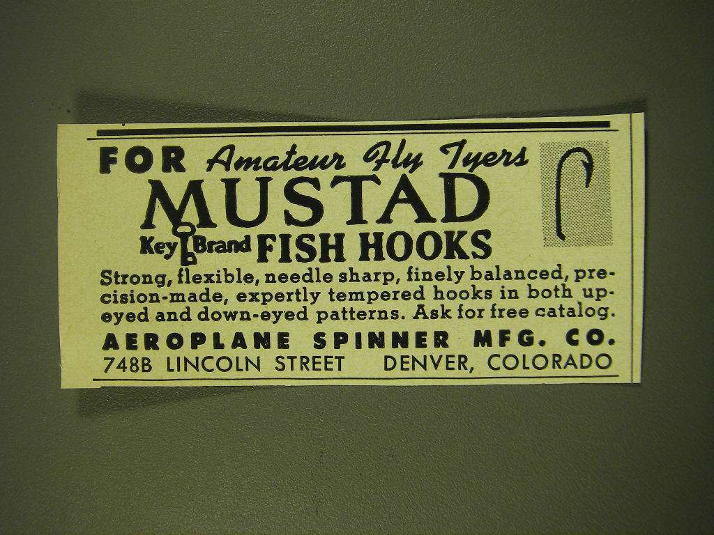 1949 Aeroplane Spinner Mfg. Co. Mustad Fish Hooks Ad - For amateur fly tyers | eBay 1949 Aeroplane Spinner Mfg. Co. Mustad Fish Hooks Ad - For amateur fly tyers | eBay