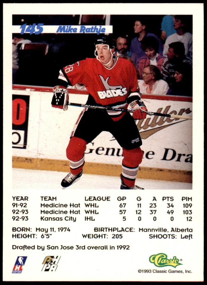 Mike Rathje #145 1993 Classic '93 Hockey Draft - Image 2 of 2