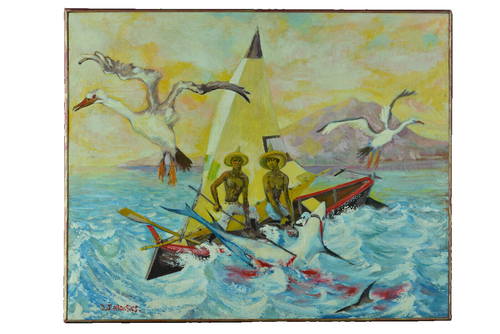 Beau Tableau ancien Martinique Pêche au requin animée portrait marine ALLONSIUS - Photo 2/12